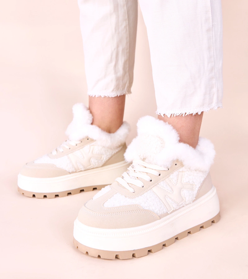 Beżowe sneakersy ocieplane z futerkiem Nicha