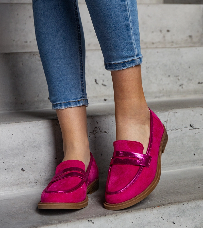 Różowe mokasyny welurowe z błyszczącymi wstawkami Leonolena