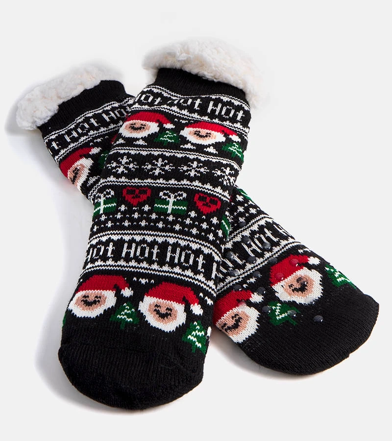 Czarne ocieplane skarpety z Mikołajem Challi