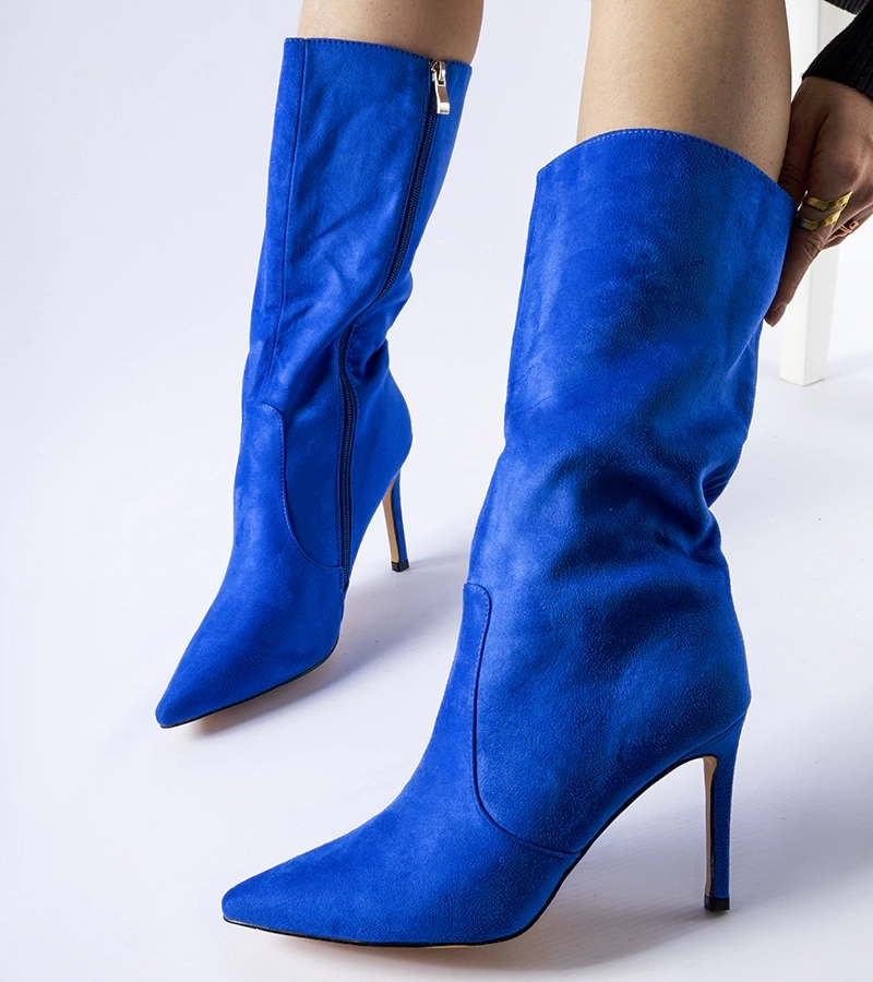 Niebieskie ocieplane kozaki na szpilce Rosaria