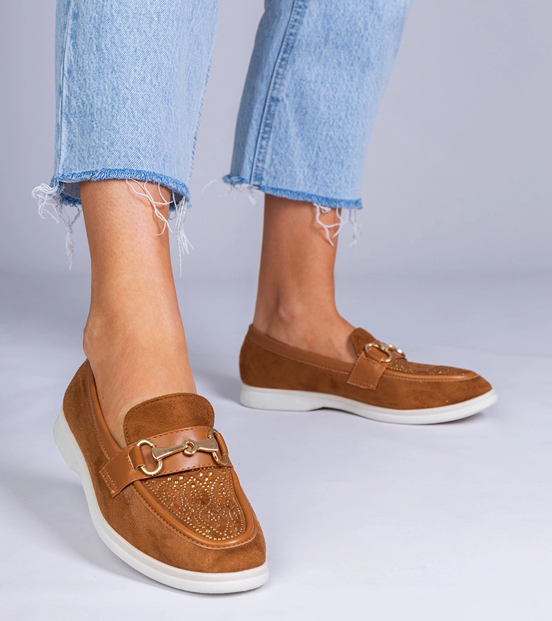 Brązowe mokasyny z ekozamszu z cyrkoniami Minilla