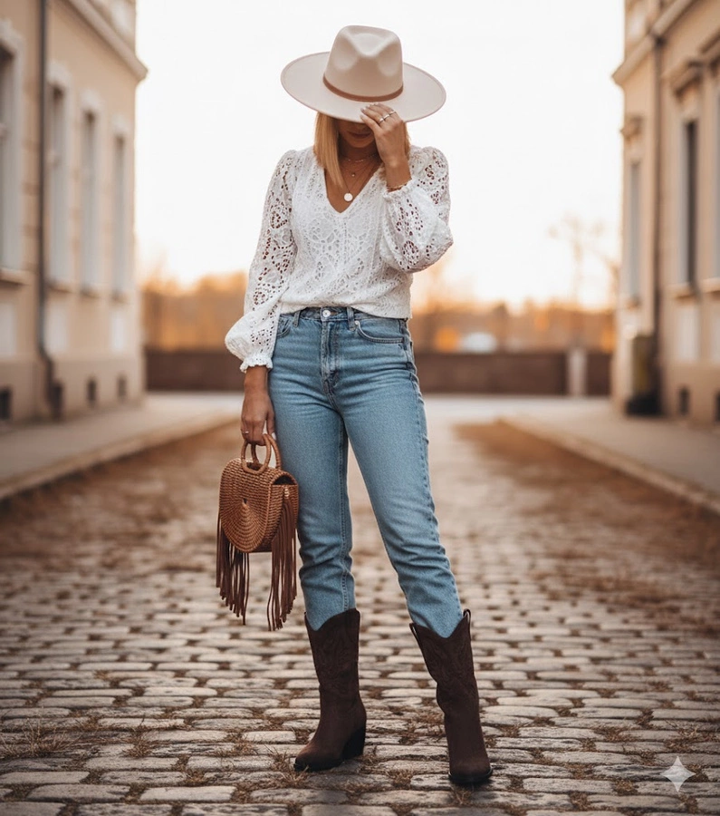 Brązowe kowbojki z ozdobny haftem Cassa