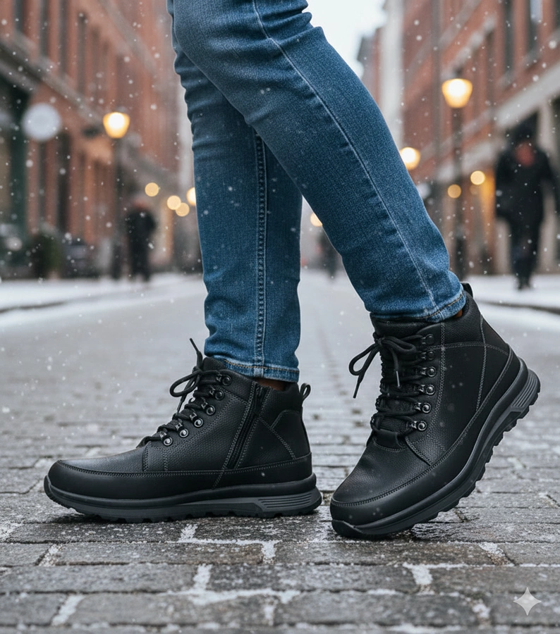 Czarne trapery męskie ocieplane futrem na platformie Paul