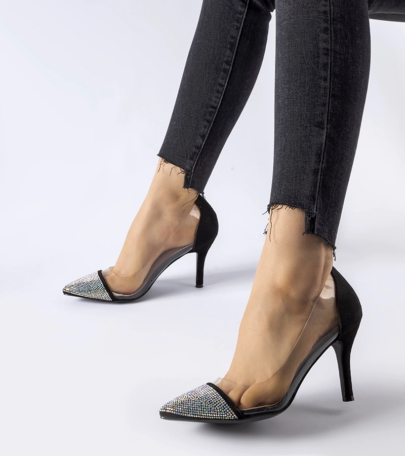 Czarne szpilki z cyrkoniami i prześwitem Laceno