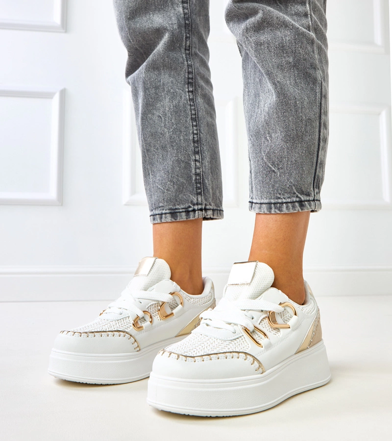Białe sneakersy na platformie z plecioną wstawką Lina