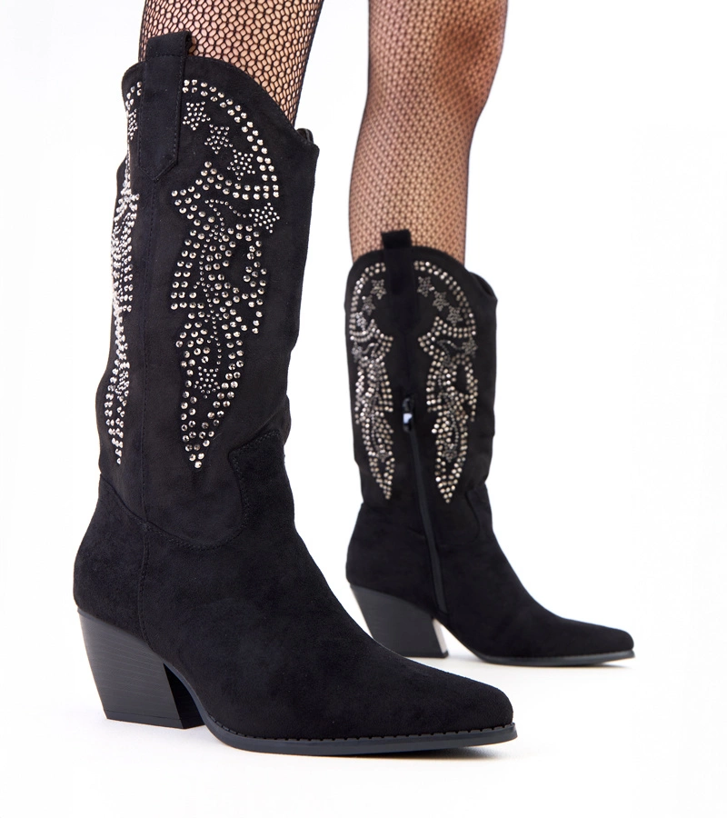 Czarne kowbojki na niskim obcasie  z cyrkoniami Masura