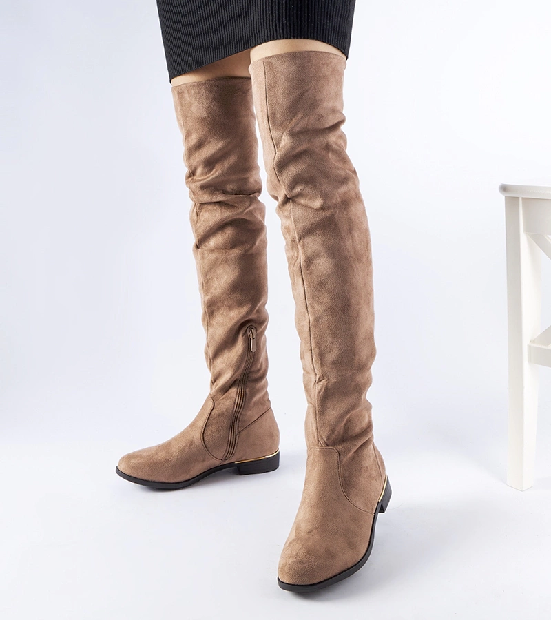 Długie brązowe ciepłe kozaki eko-zamsz Elwira