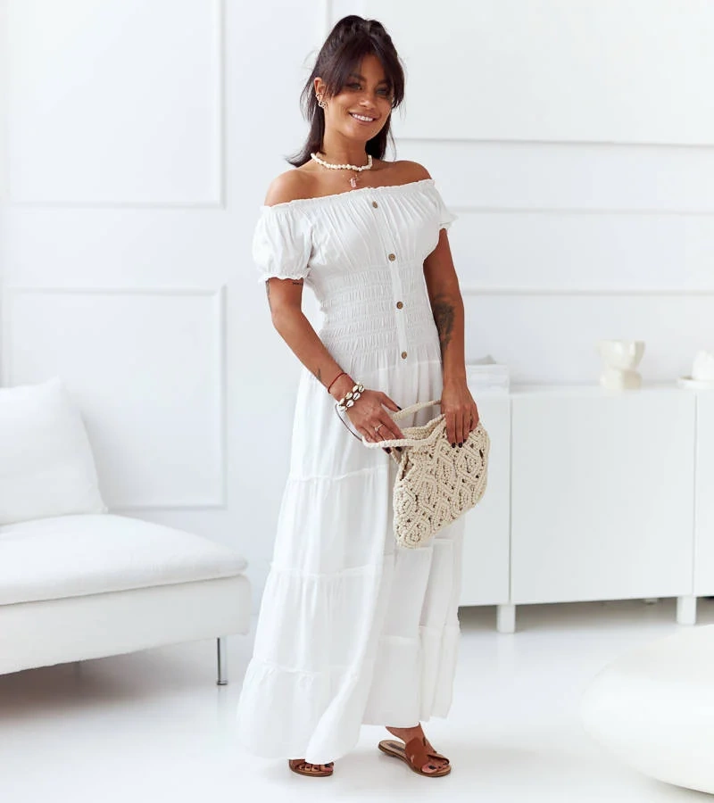 Biała sukienka maxi z marszczeniami Elenna