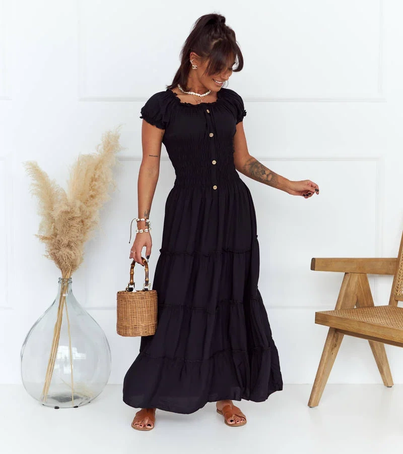 Czarna sukienka maxi z marszczeniami Elenna