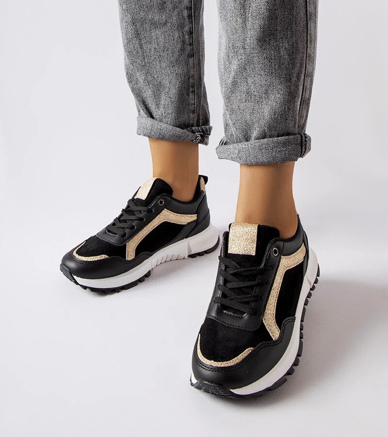 Czarne sneakersy z brokatowym zdobieniem Busso