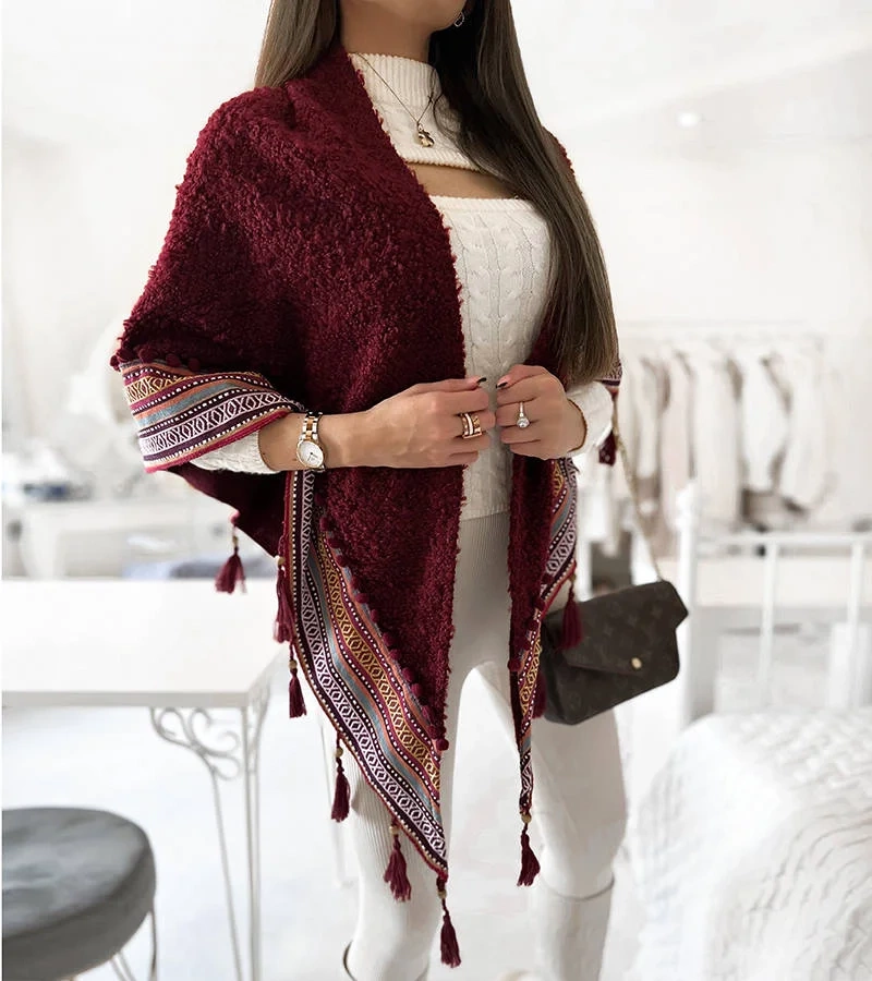 Bordowa narzutka z frędzlami Melina