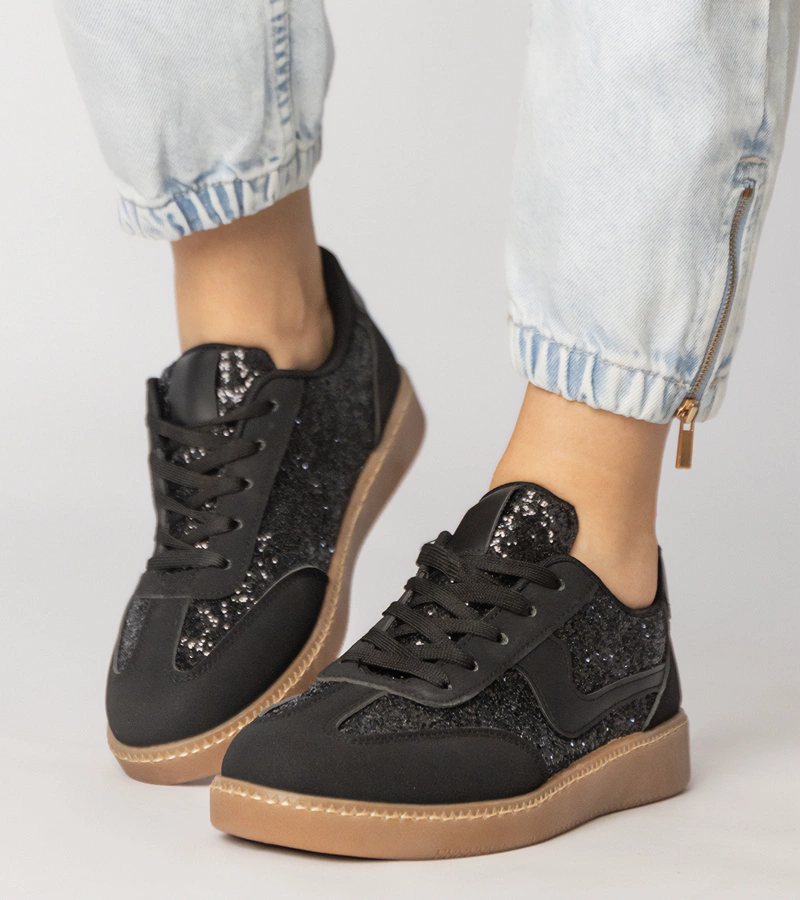 Czarne sneakersy damskie zdobione brokatem Likana