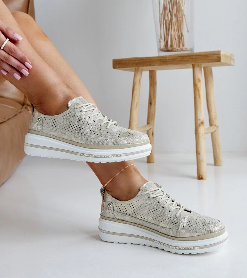 Złote skórzane trampki na koturnie Piano