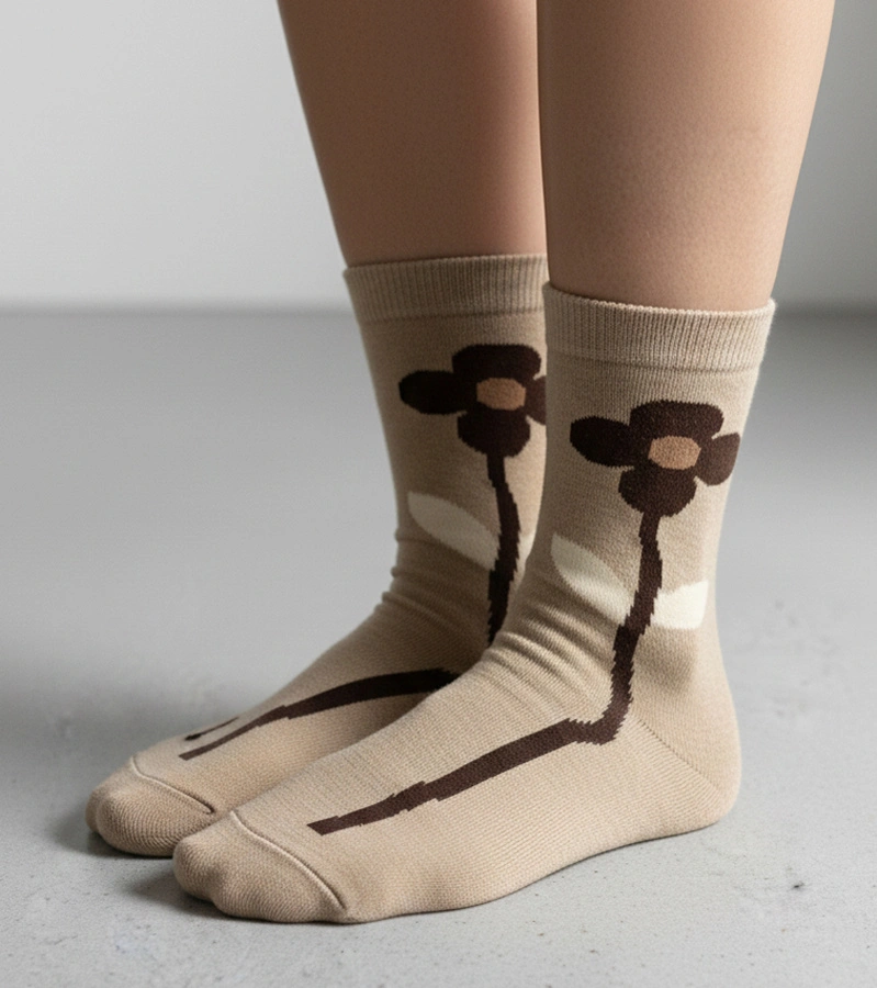 Beżowe skarpetki z kwiatem Sella