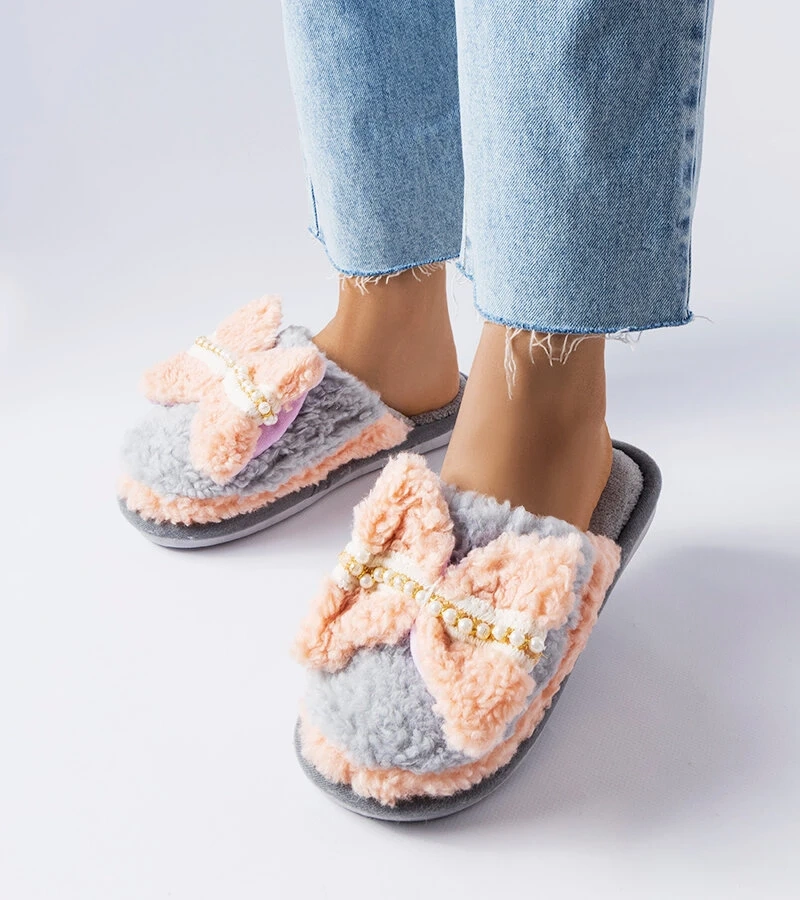 Szaro-różowe kapcie z kokardką Bow