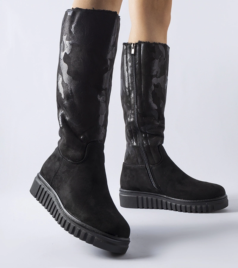 Czarne ocieplane kozaki moro eko-zamsz Piazzola