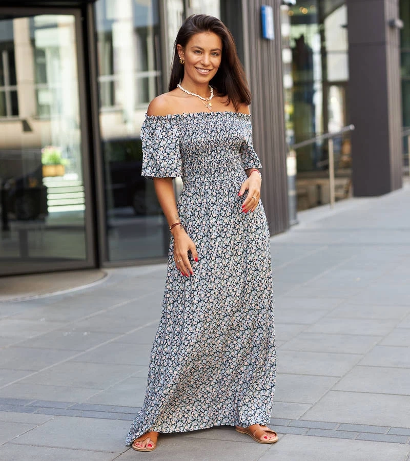 Granatowa sukienka maxi w kwiatki Ilario