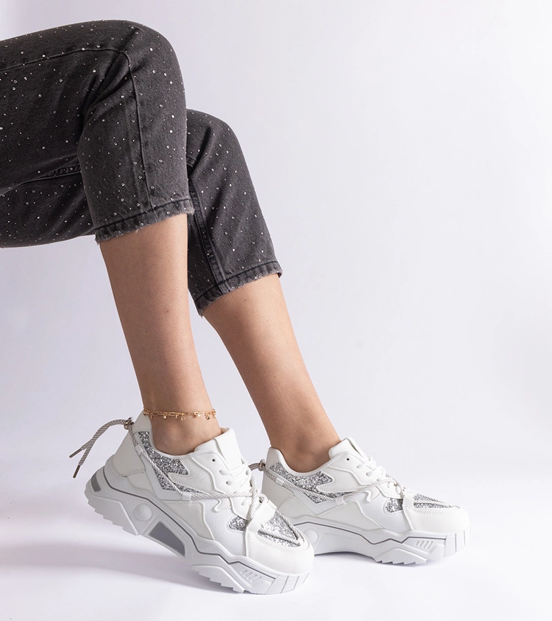 Białe sneakersy damskie z brokatem Agar