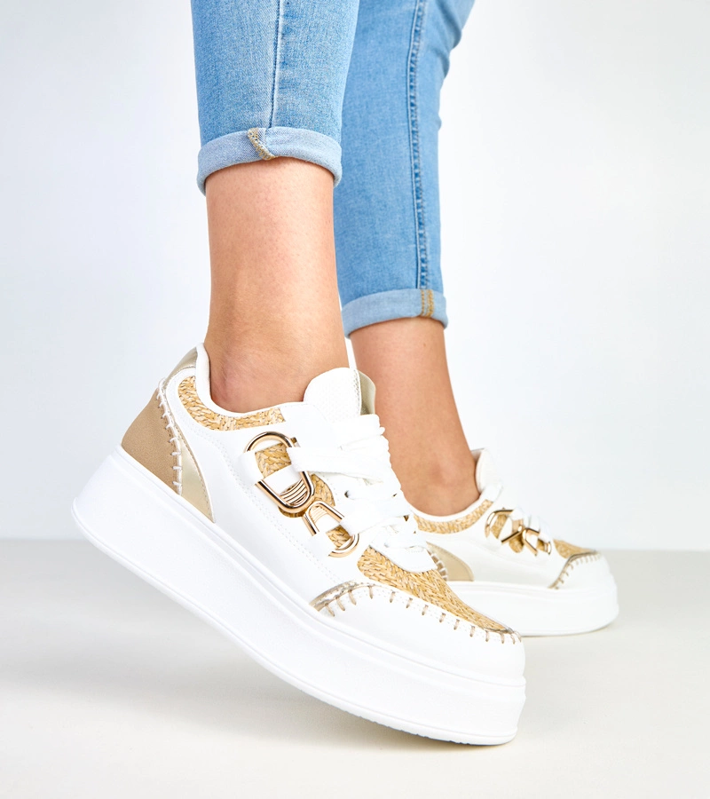 Beżowe sneakersy na platformie z plecioną wstawką Lina
