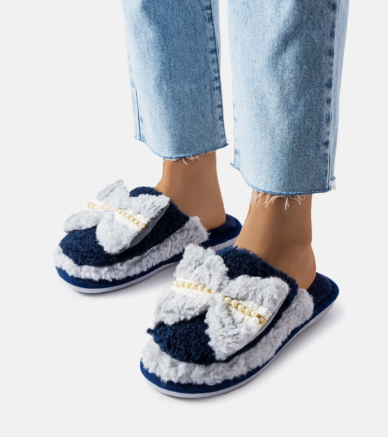 Granatowo-szare kapcie z kokardką Bow