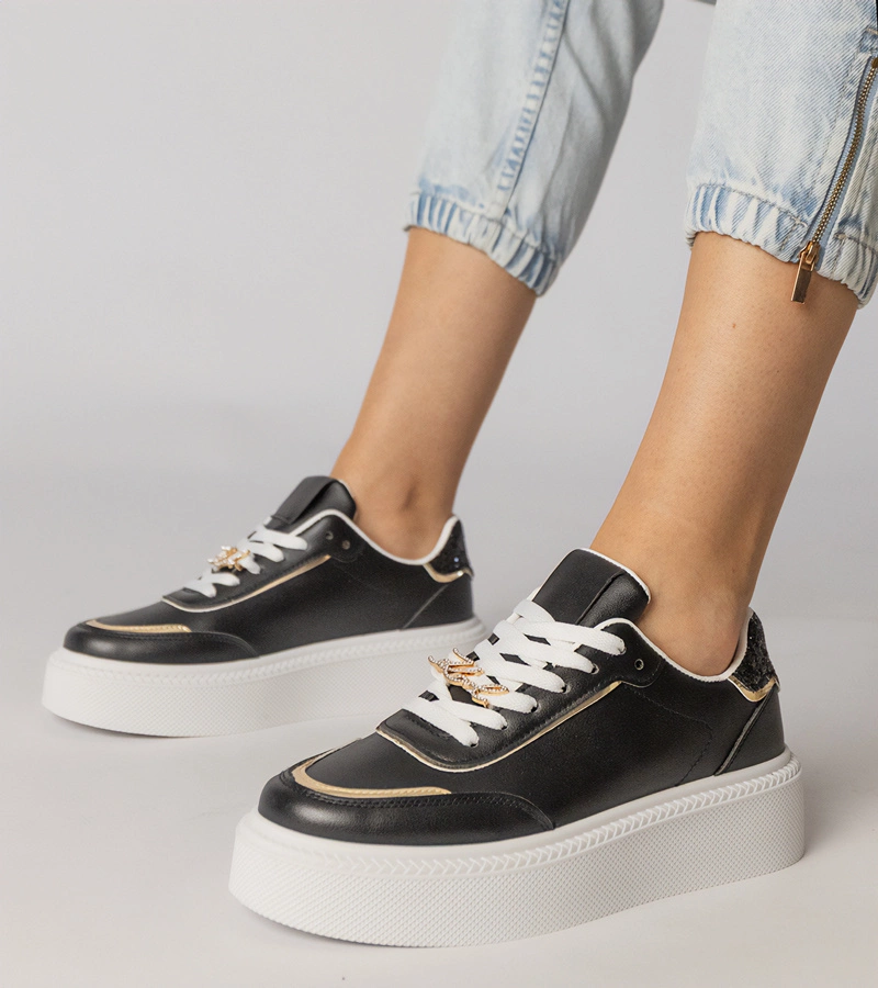 Czarne sneakersy zdobione brokatem i cyrkoniami Felura