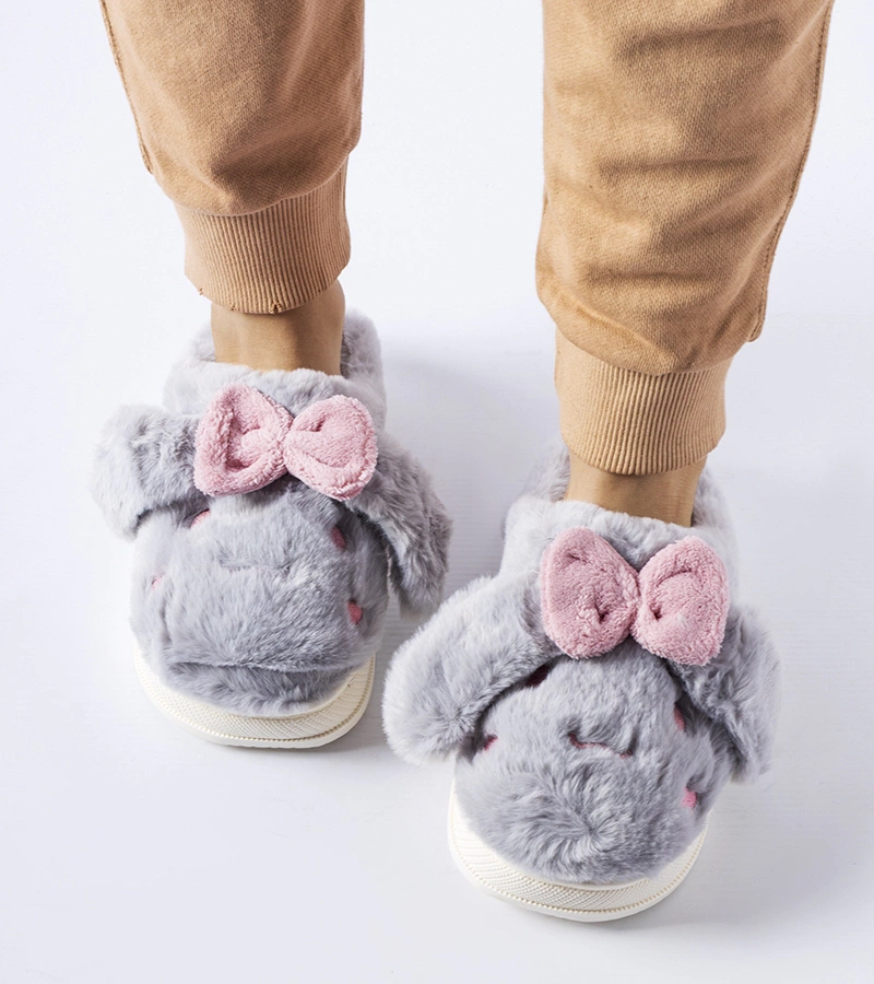 Szare ciepłe kapcie z uszami i kokardą Gilda