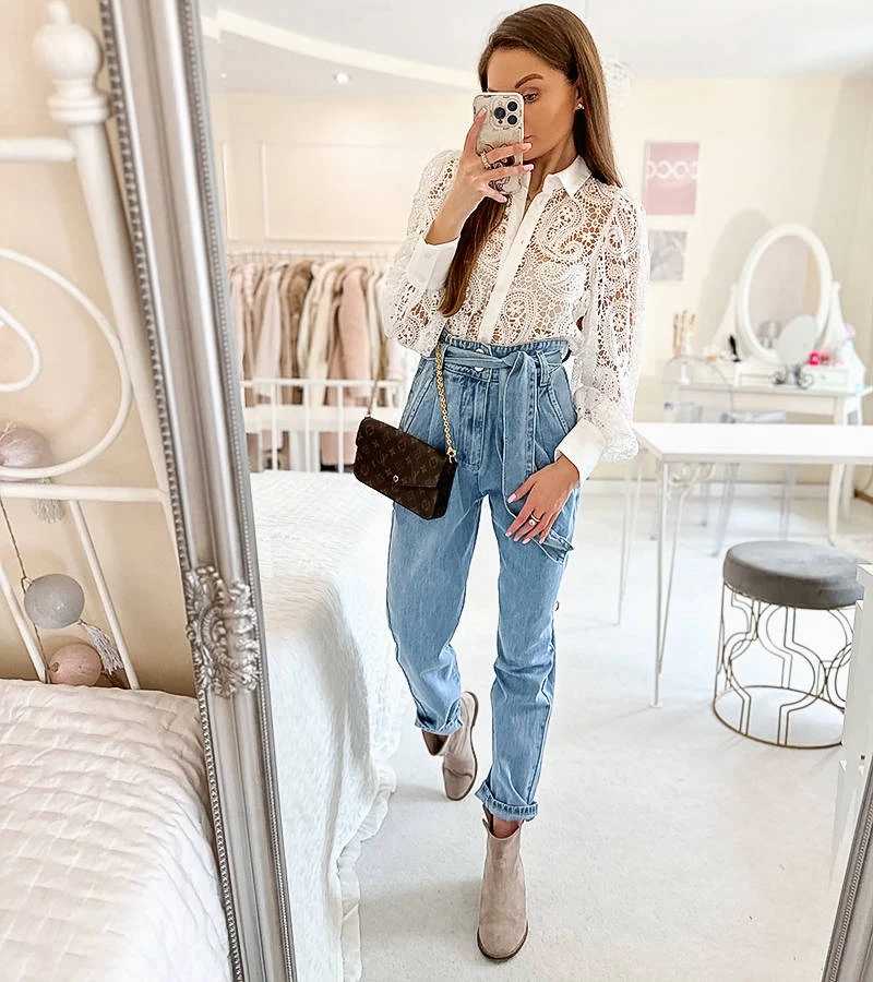 Niebieskie jeansy paperbag Alexandre