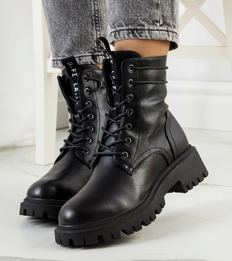 Czarne botki sznurowane traperki Aleida