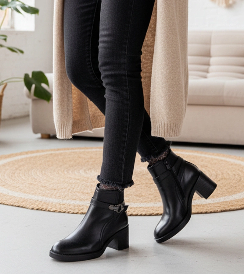 Czarne botki na słupku z ozdobną klamrą Sanada