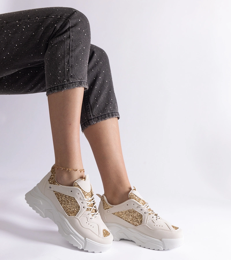 Beżowe sneakersy damskie z brokatowymi wstawkami Caraballo