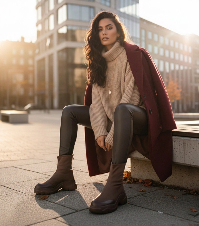 Brązowe botki z ekozamszu na masywnej podeszwie Alana