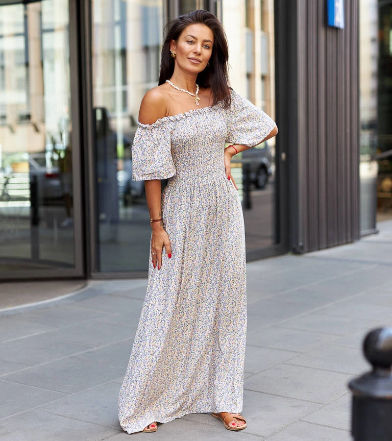 Fioletowa sukienka maxi w kwiatki Ilario