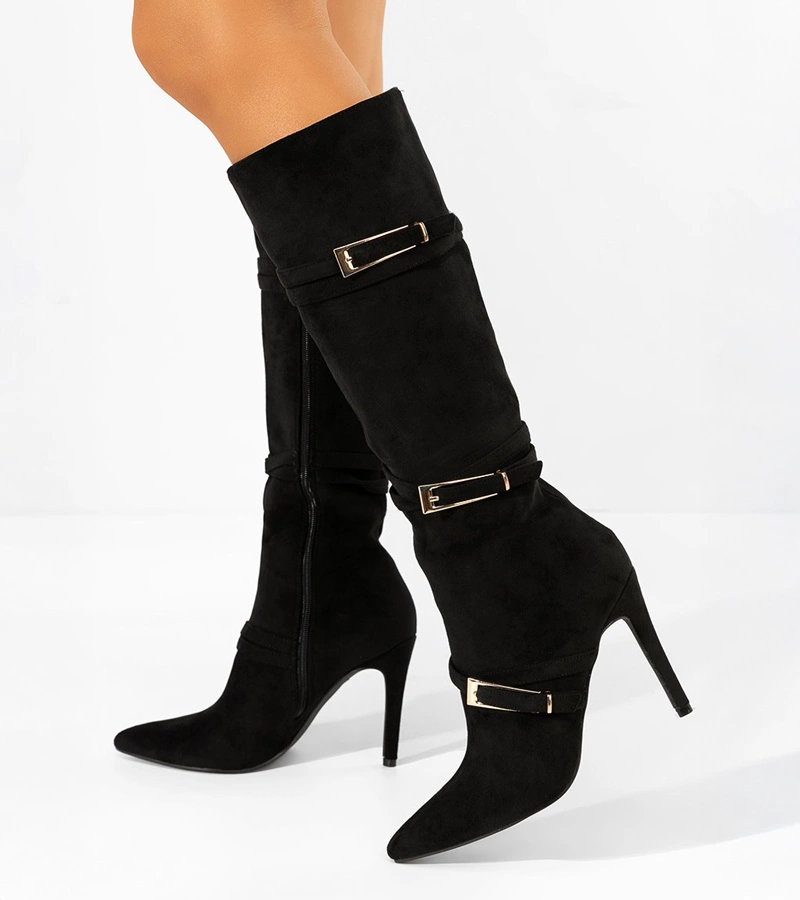 Czarne kozaki na szpilce z ozdobnymi klamerkami Sadie