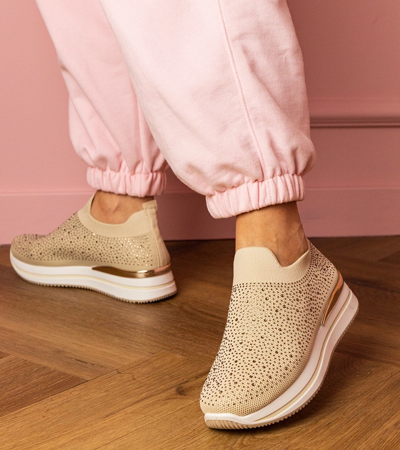 Beżowe damskie tenisówki na platformie z cyrkoniami Luizet