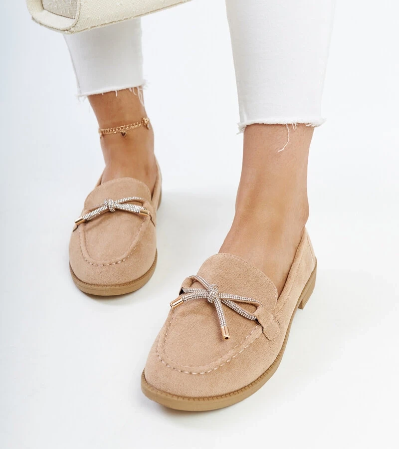 Beżowe mokasyny z ozdobną kokardą Endike