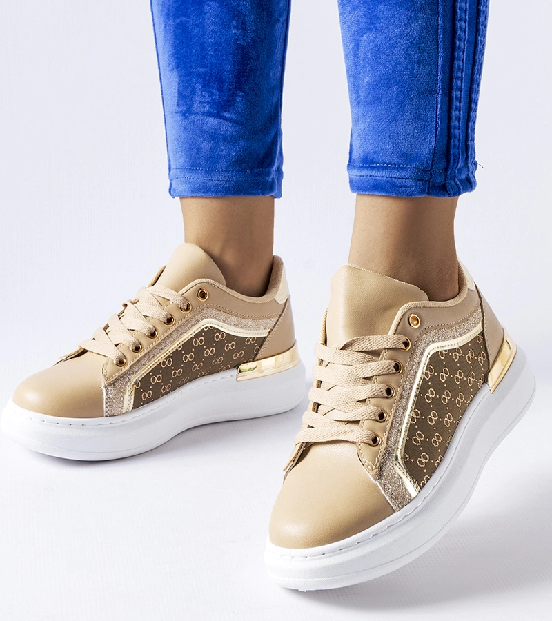 Beżowe buty zdobione brokatem na platformie Leo