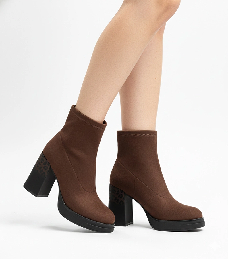 Brązowe botki na słupku zdobionym panterkowym printem Delora