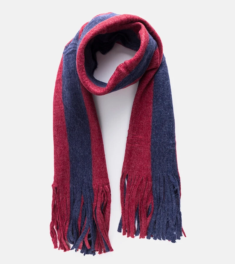 Granatowo-czerwony szal z frędzlami Lana
