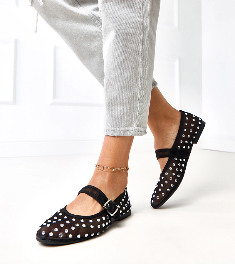 Czarne balerinki siateczkowe z kryształkami Malmo