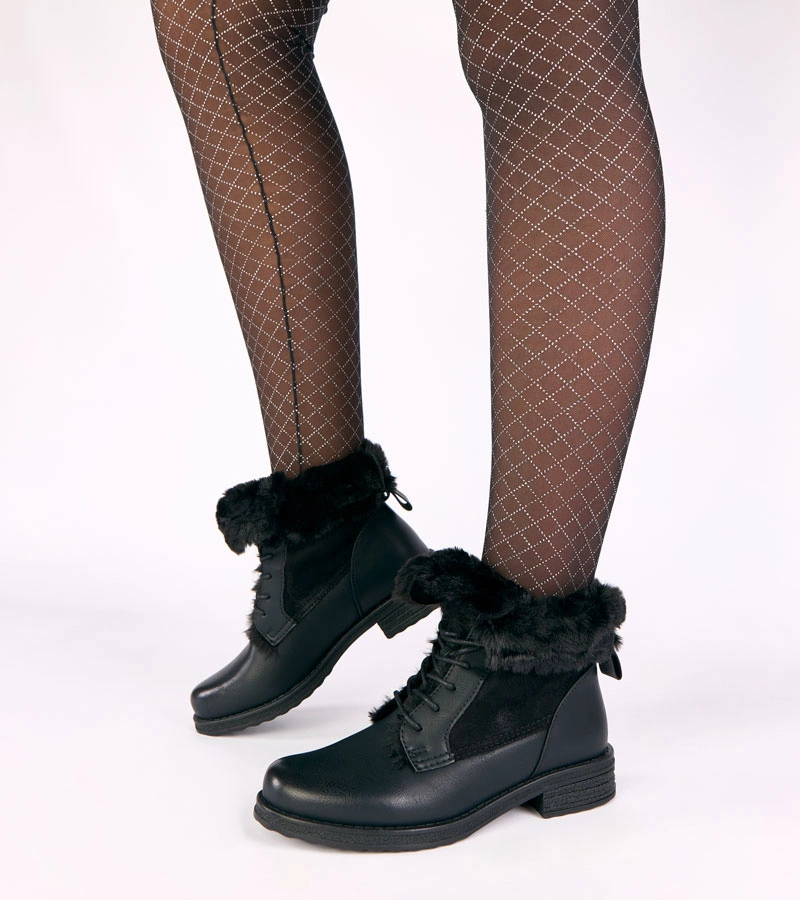 Czarne botki wiązane z futerkiem Joyca