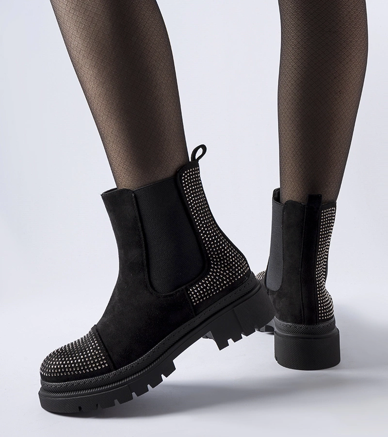 Czarne botki z cyrkoniami eko-zamsz Grinzane