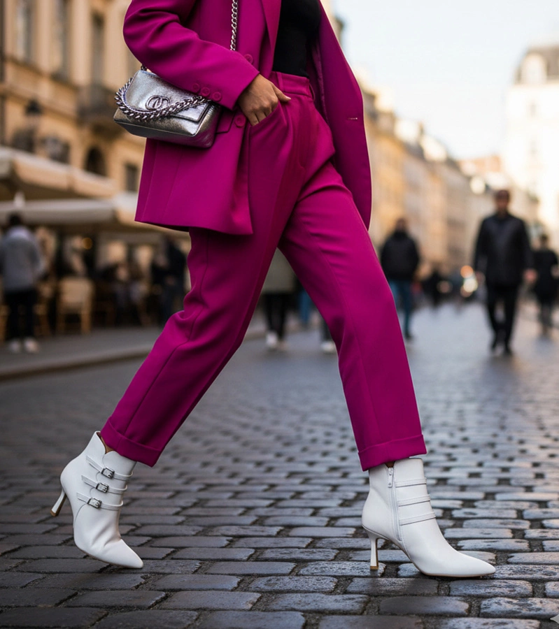 Białe botki na szpilce z ozdobnymi sprzączkami Suria