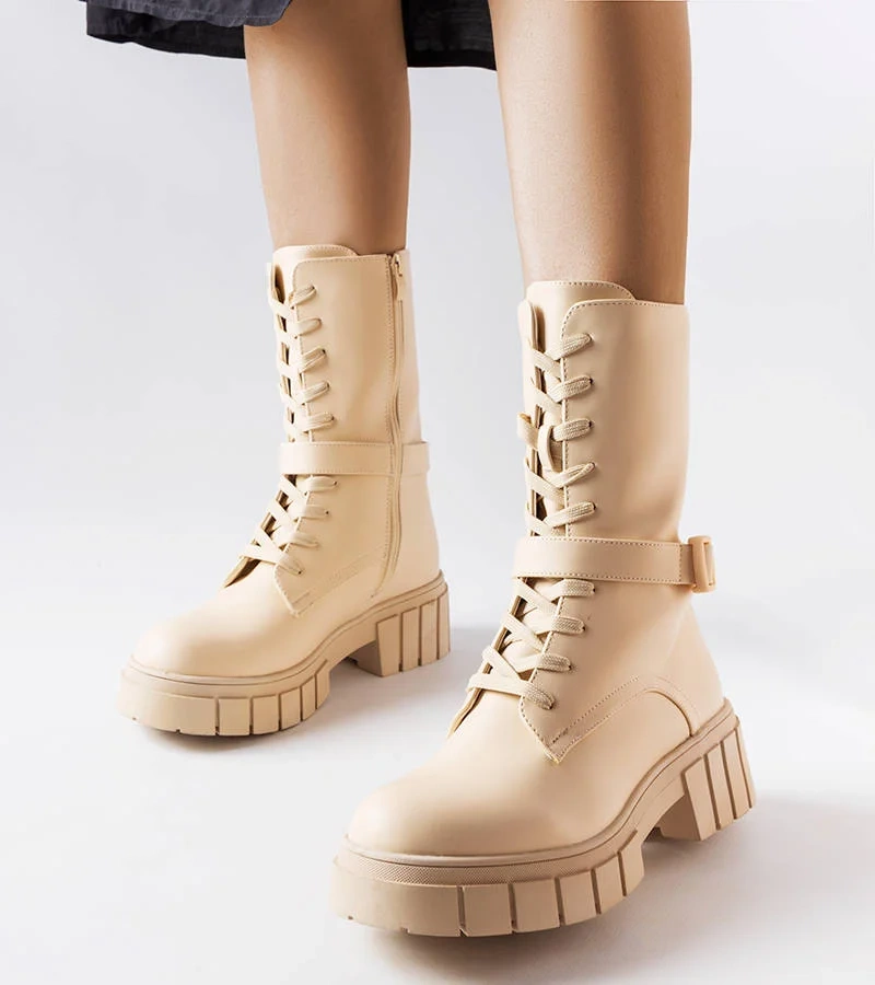 Beżowe sznurowane botki-workery Rive