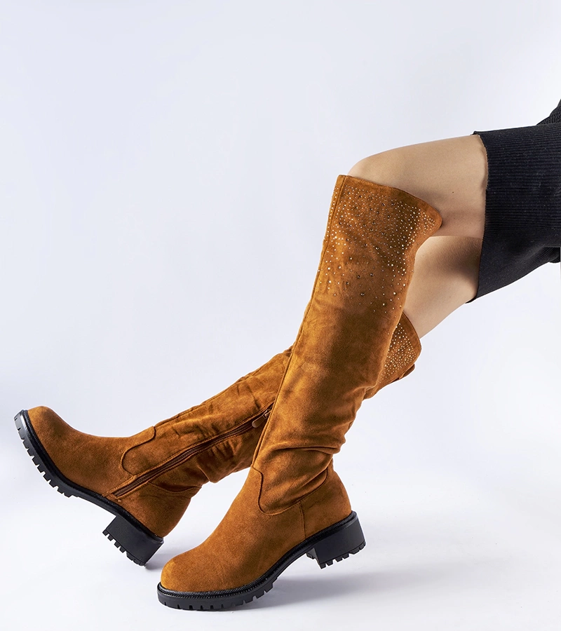 Brązowe długie kozaki z cyrkoniami Colleen