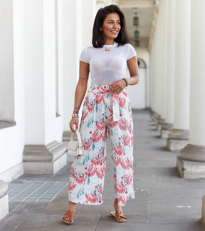 Białe damskie szerokie plisowane spodnie Sijam