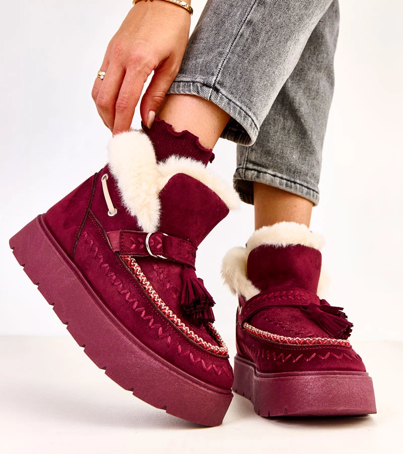 Bordowe śniegowce na platformie z frędzlami Maurisa