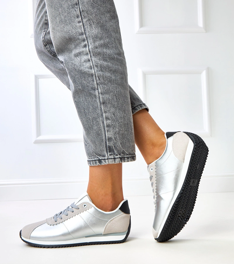 Srebrne sneakersy sportowe z beżową wstawką Alva