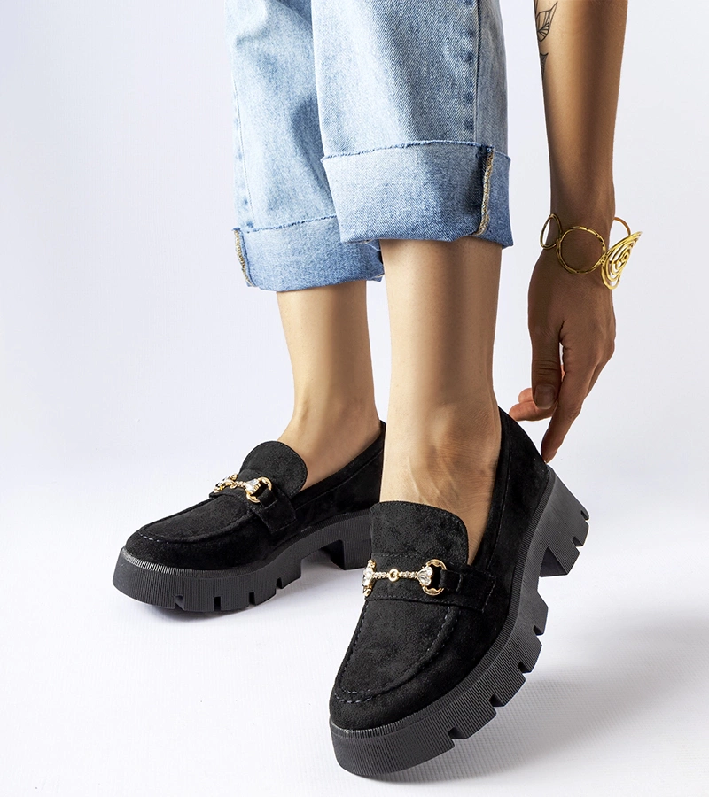 Czarne mokasyny z klamerką i cyrkoniami Gaiola