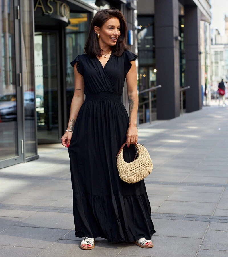 Czarna sukienka maxi z marszczeniami Goffreda