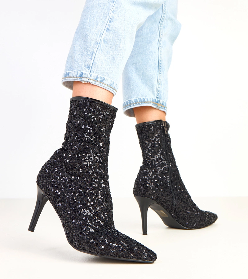 Czarne botki z cekinowym wykończeniem na szpilce Venda